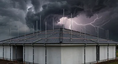 Blitzschutzanlage auf einem Privathaus mit Fangstangen auf dem Dach und Ableitungsleitungen