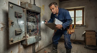 Nahaufnahme eines Sicherungskastens mit Leitungsschutzschaltern und Elektroinstallation