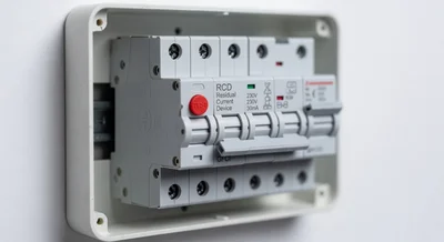 FI-Schutzschalter in der Elektroverteilung eines Hauses mit sichtbarem Testknopf