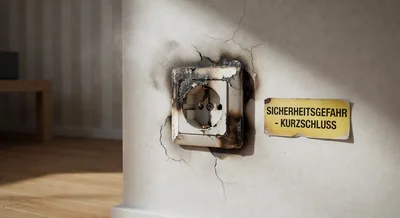 Beschädigte Steckdose mit Brandspuren und Verfärbungen als Zeichen eines möglichen Kurzschlusses