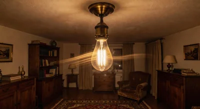 Flackernde LED-Glühbirne in einer Deckenleuchte mit unscharfem Hintergrund