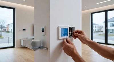 Elektriker bei der Installation von Smart-Home-Komponenten in der Verteilerdose eines Hauses