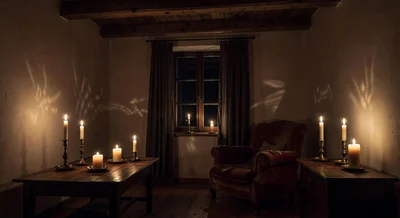 Dunkles Wohnzimmer mit Taschenlampe bei Stromausfall in der Nacht