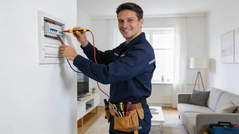 Elektriker bei der Inspektion von Stromleitungen im Haus